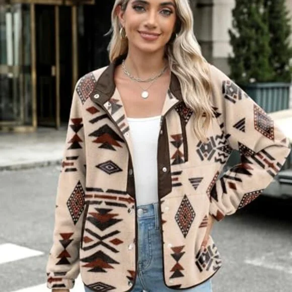 Cozy Fleece Jacket Western Aztec Print Snap Button Down Coat with Pockets
